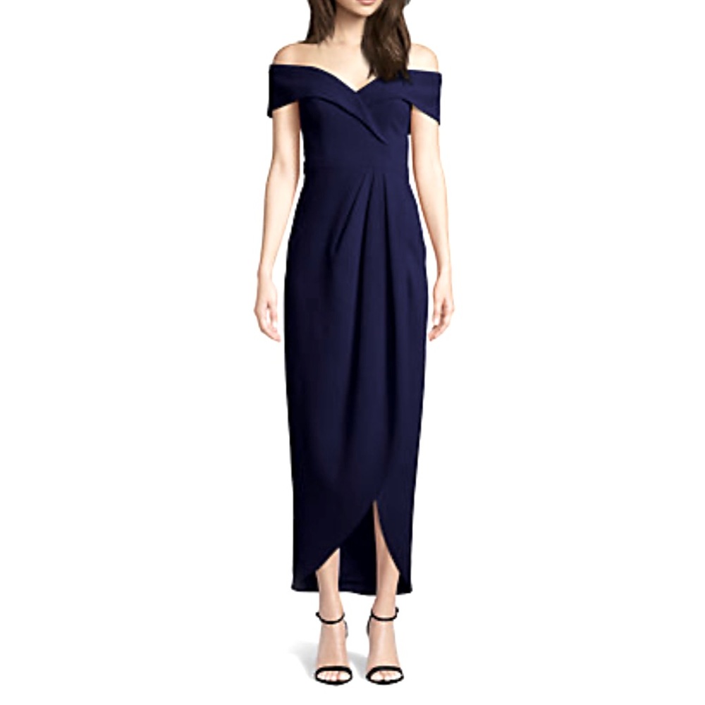 NEW XSCAPE Off-The-Shoulder Tulip High-Low Navy Dress